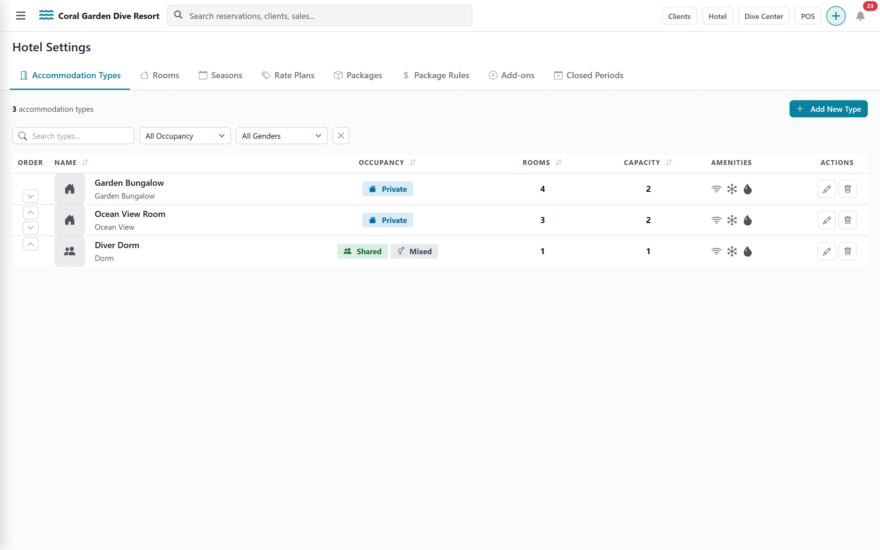 Hotel Settings, Accommodation Types tab