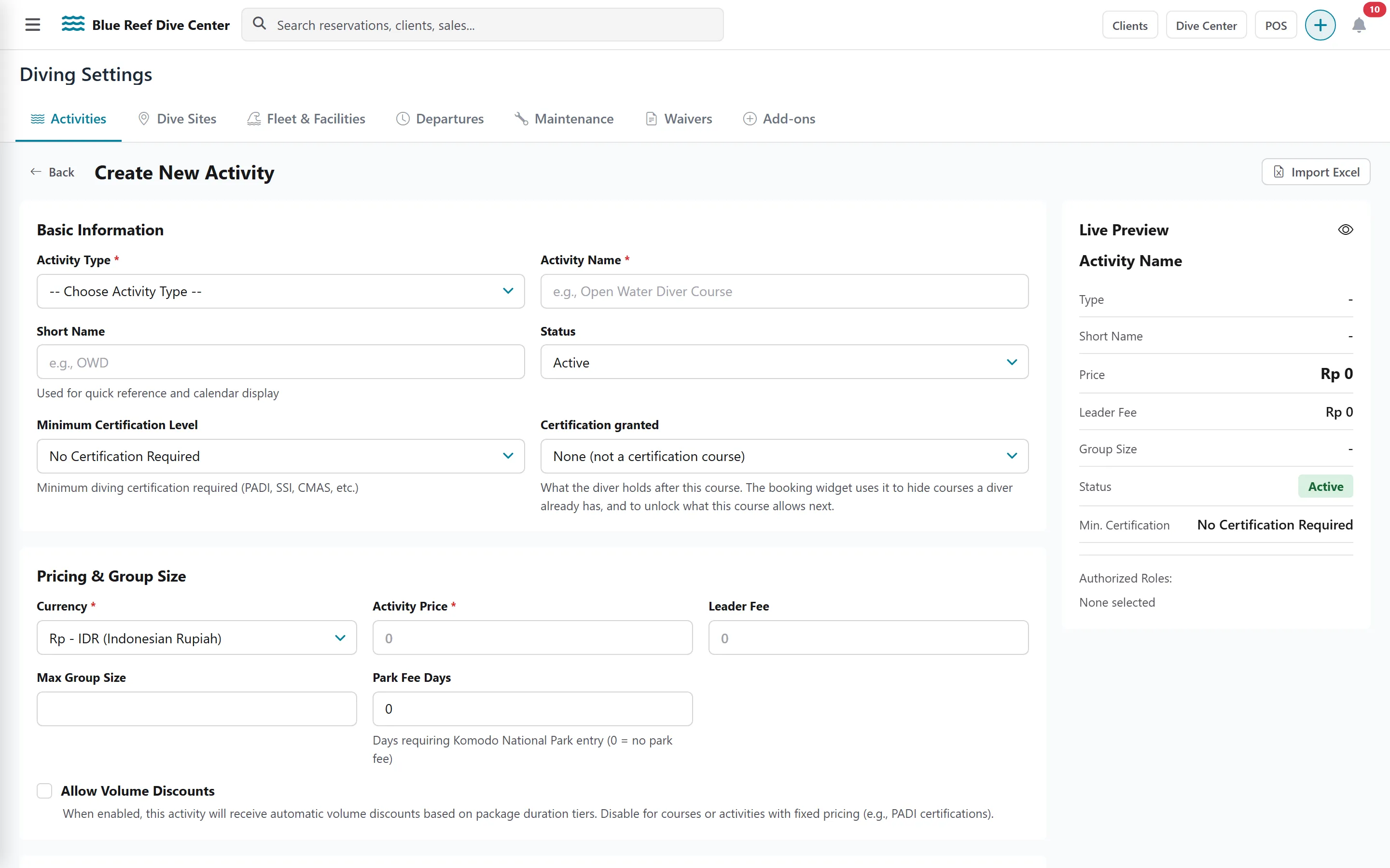 Create New Activity form