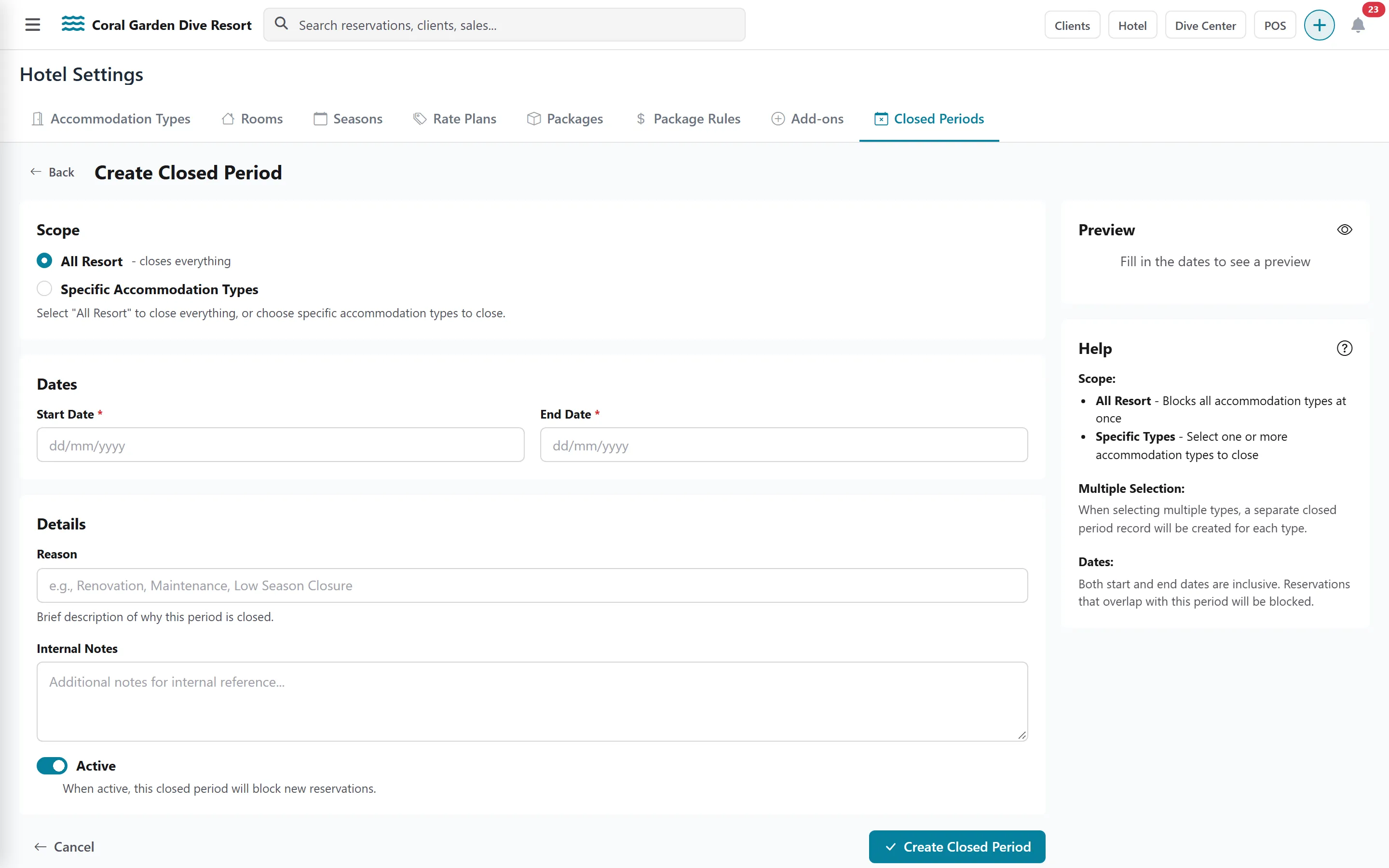 Create Closed Period form