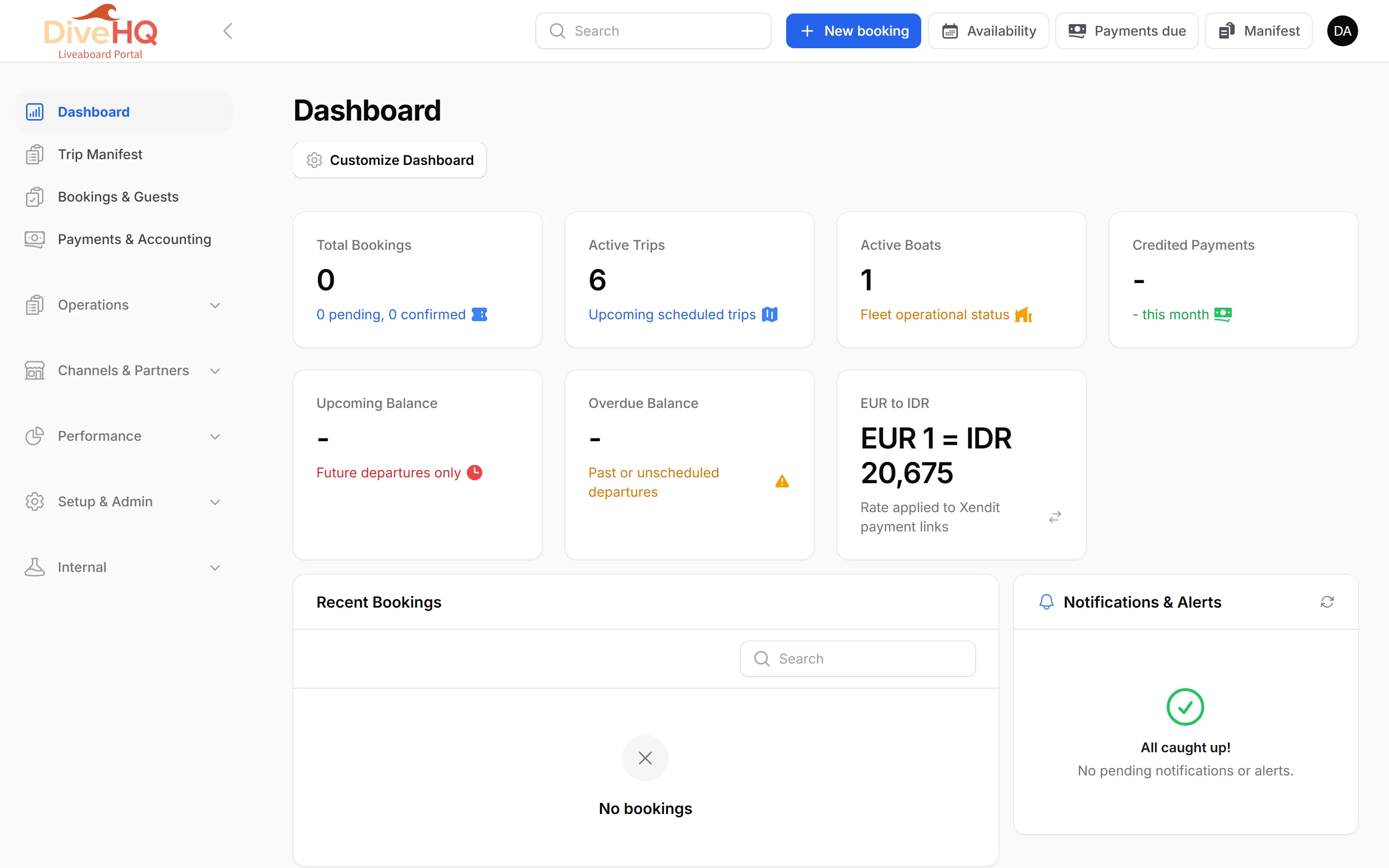 The DiveHQ Liveaboard dashboard and left menu
