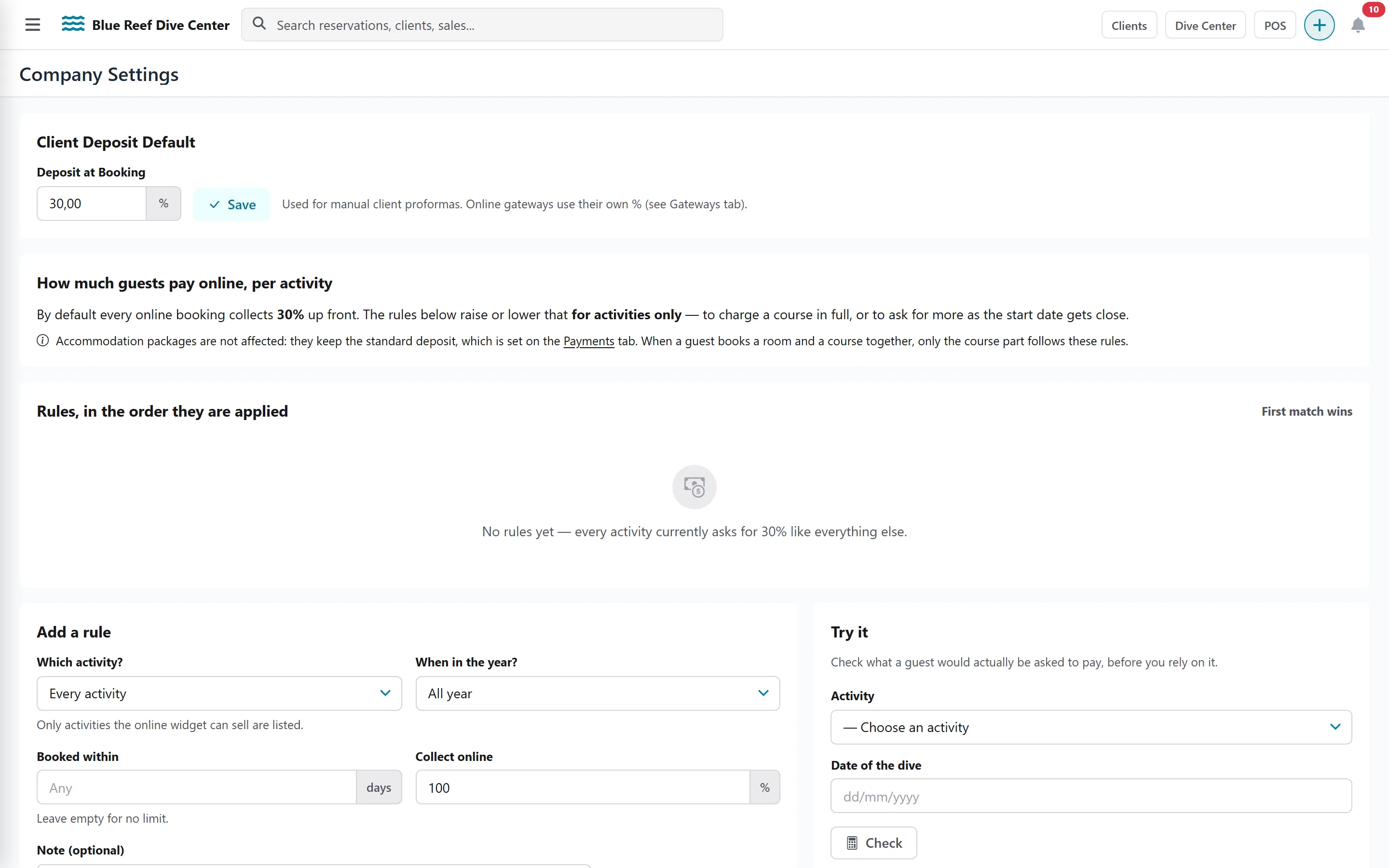 Deposit Rules tab with the default deposit, the rules and the Try it simulator