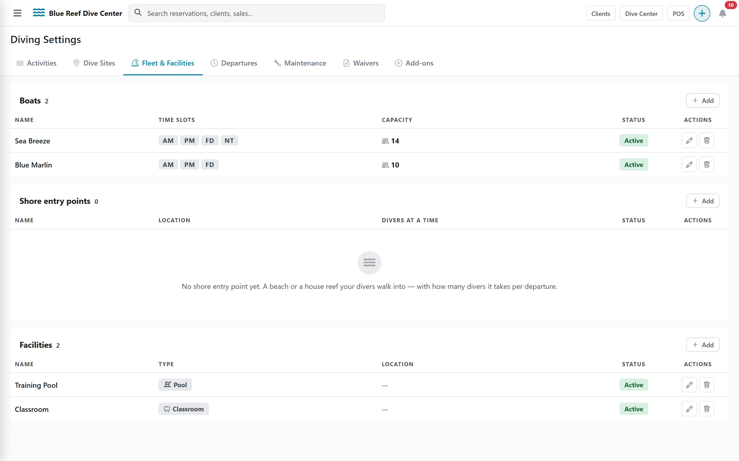 Diving Settings, Fleet & Facilities tab