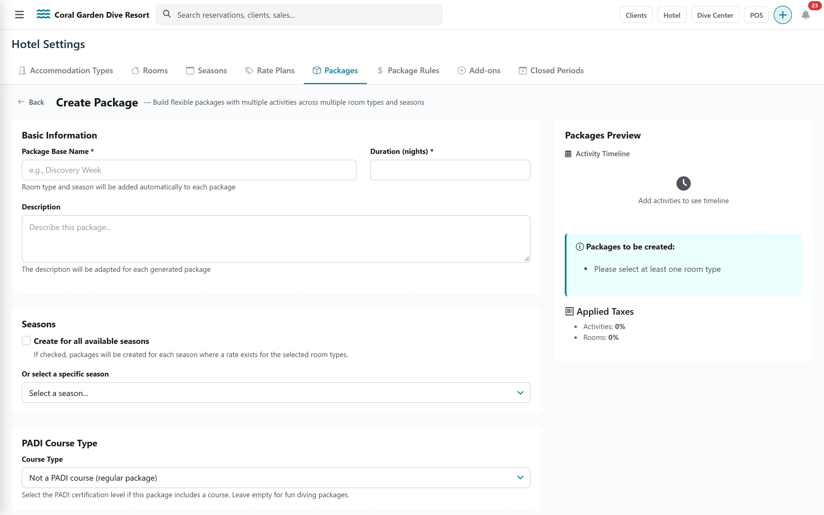 Create Package form