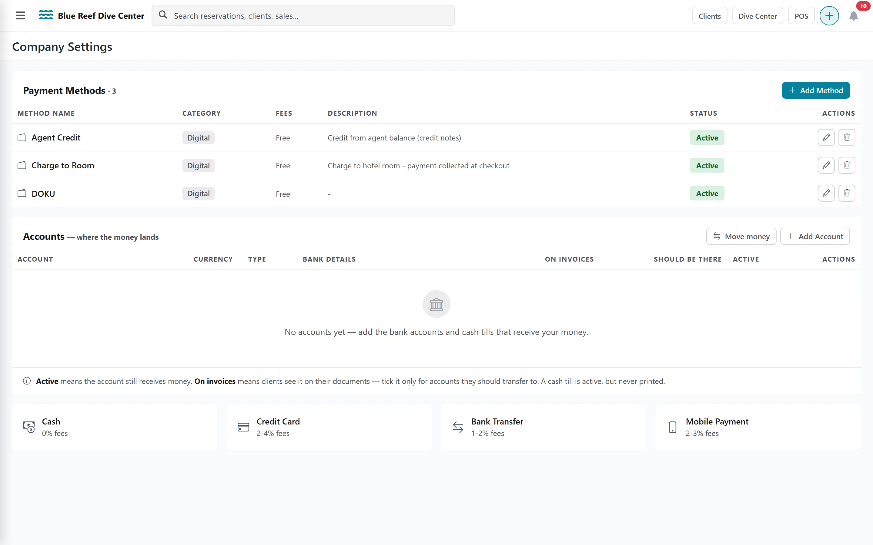 Payments tab: payment methods and accounts