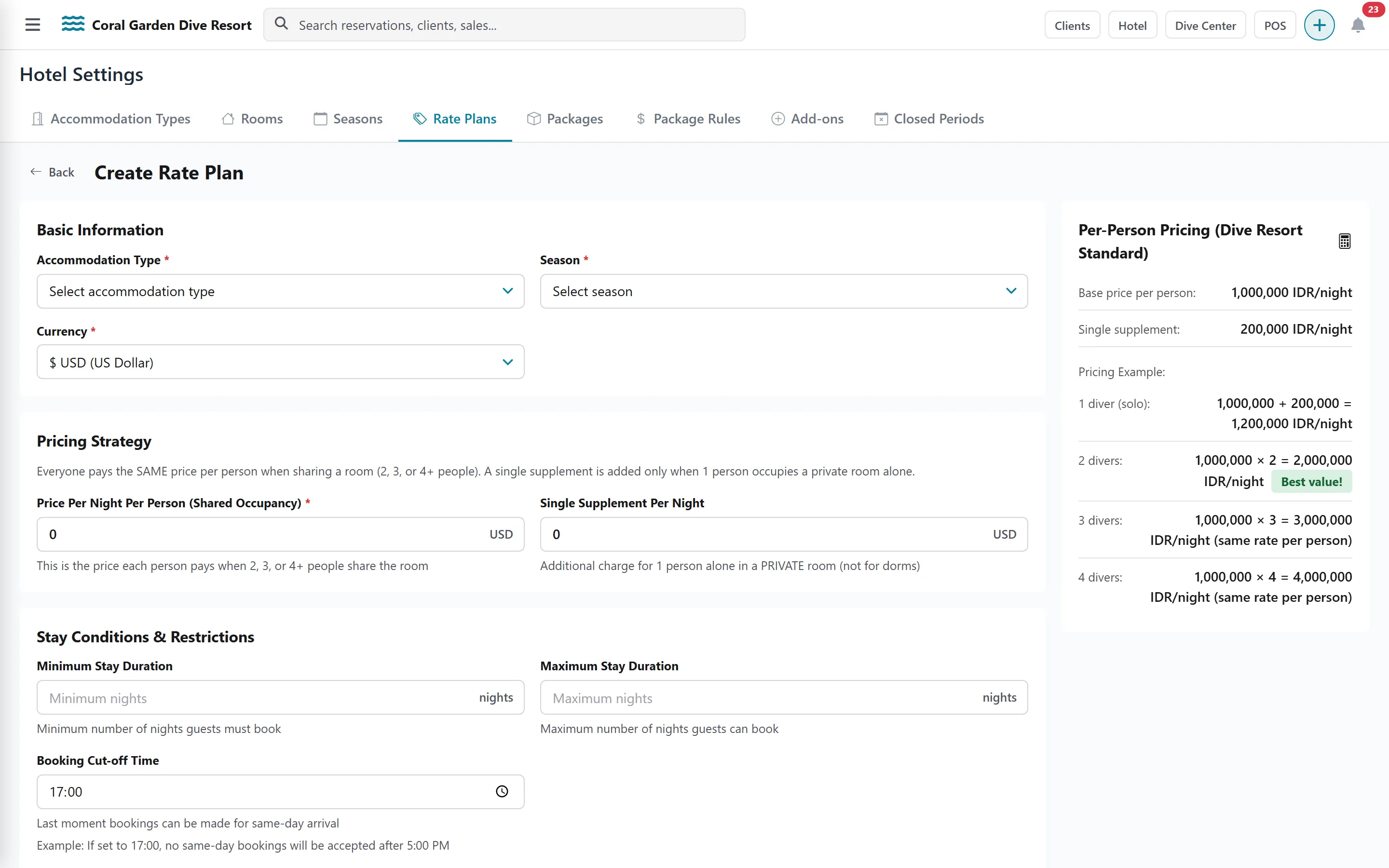 Create Rate Plan form with the per-person pricing example