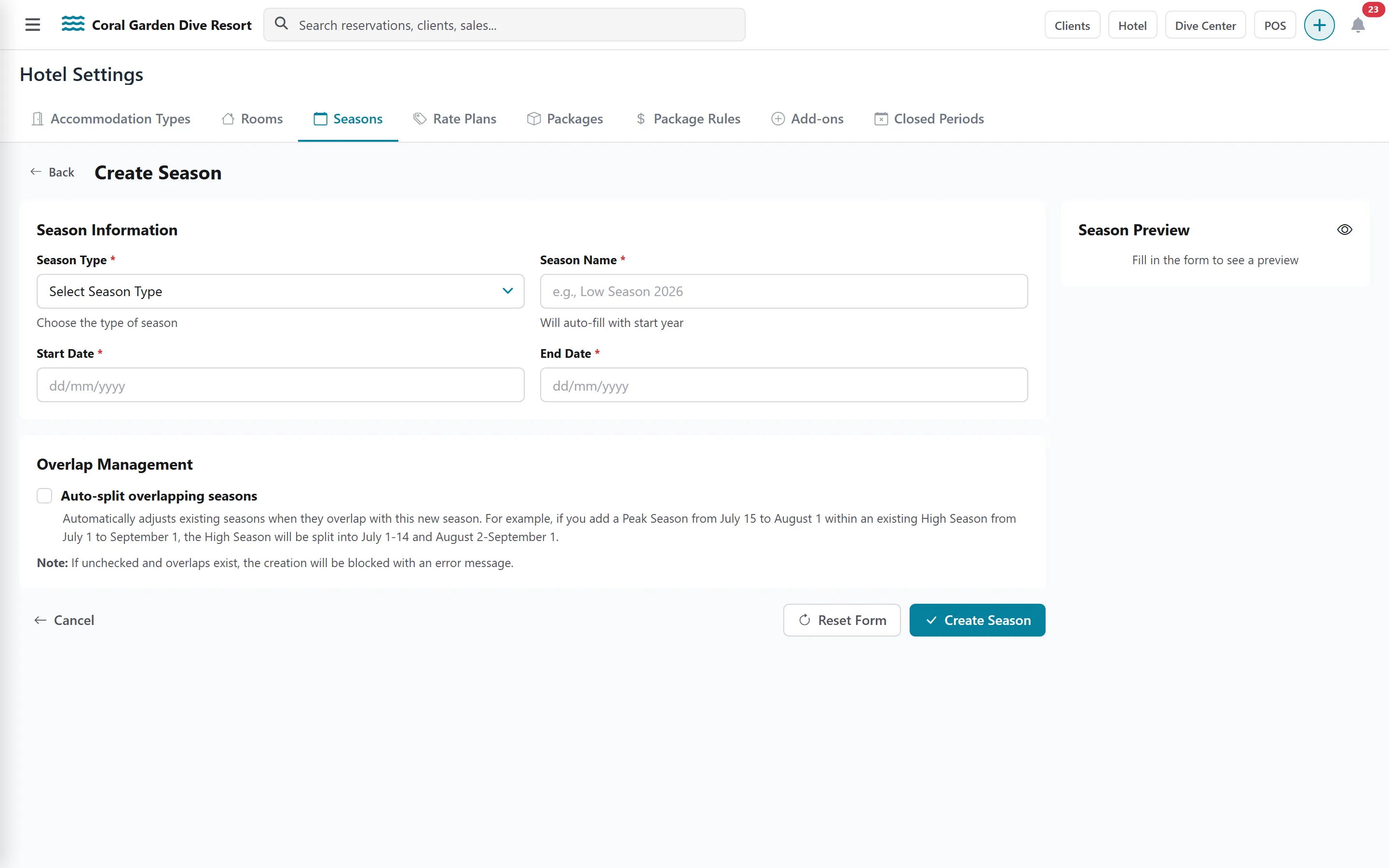 Create Season form with the auto-split option