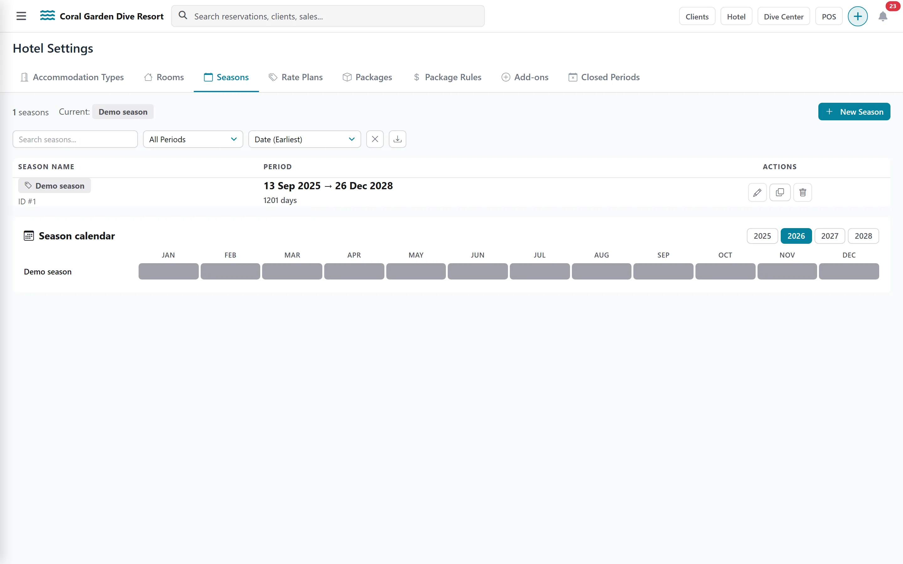 Seasons tab with the season calendar