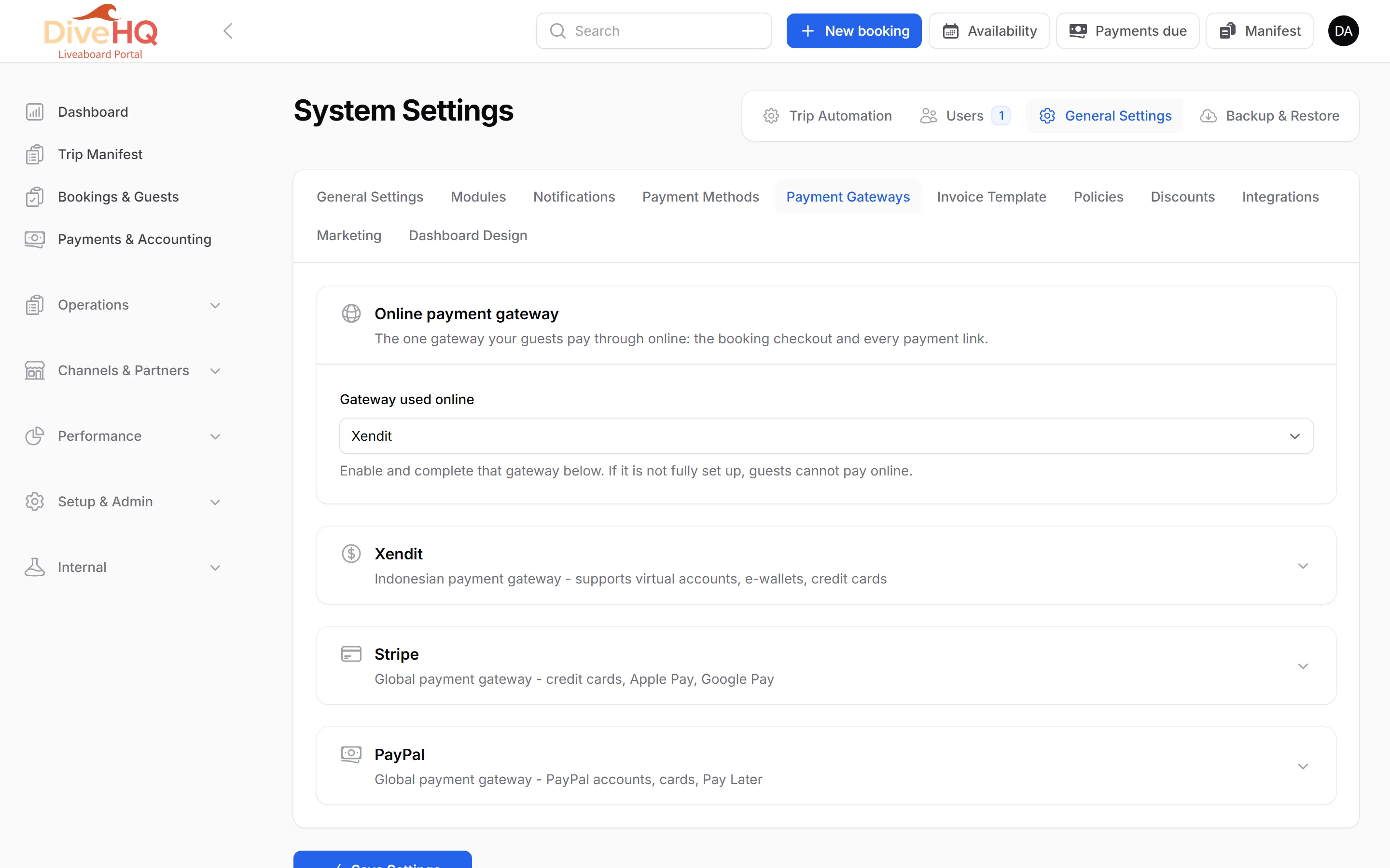 System Settings, Payment Gateways tab