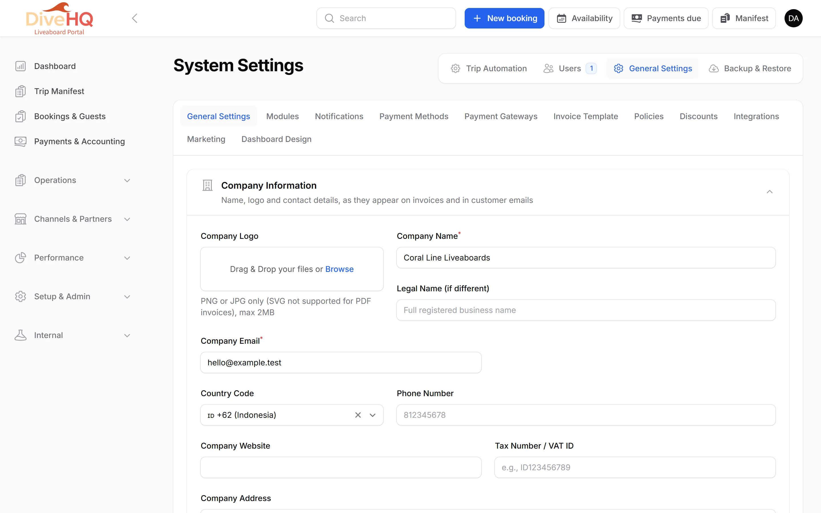 System Settings, General Settings tab