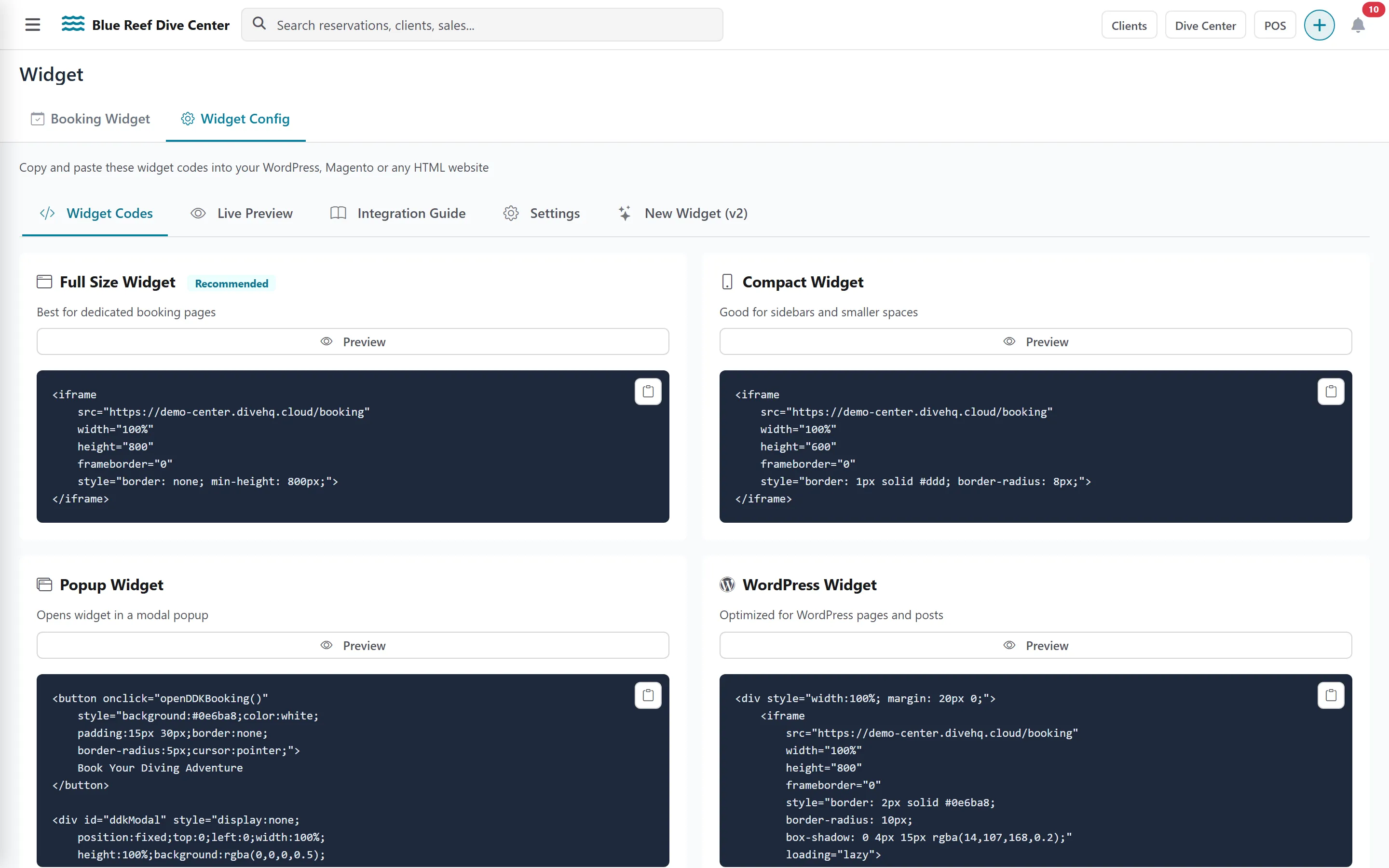 Widget Config tab with the embed codes