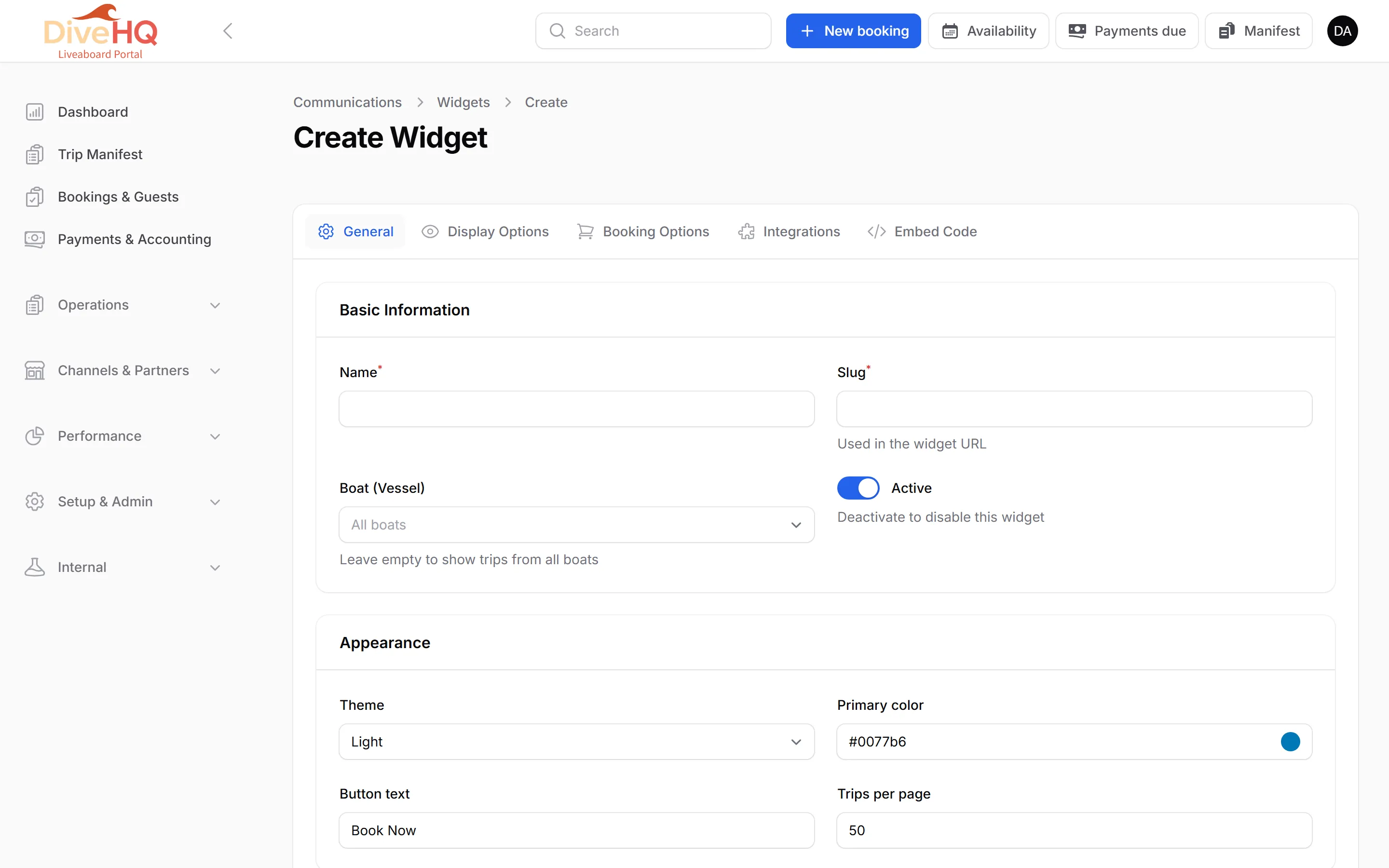 Create Widget, General tab
