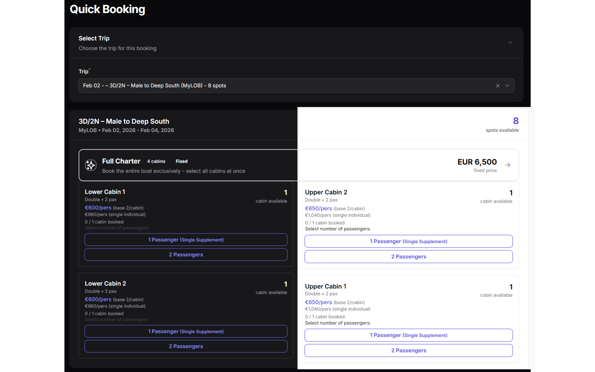 DiveHQ cabin booking layout and trip editor