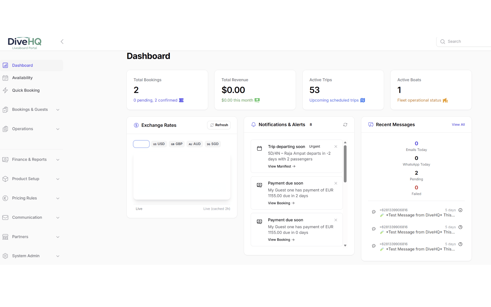 DiveHQ liveaboard dashboard and cabin booking screen